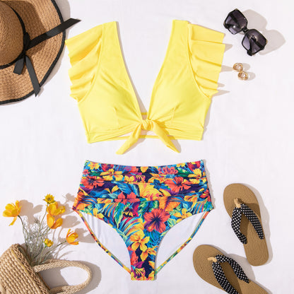 Women Cute Ruffle Deep V Neck Bikini Sets