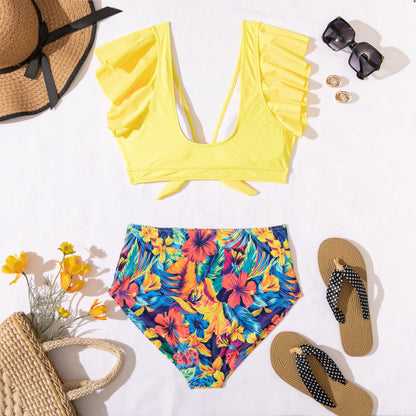 Women Cute Ruffle Deep V Neck Bikini Sets