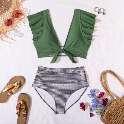 Women Cute Ruffle Deep V Neck Bikini Sets