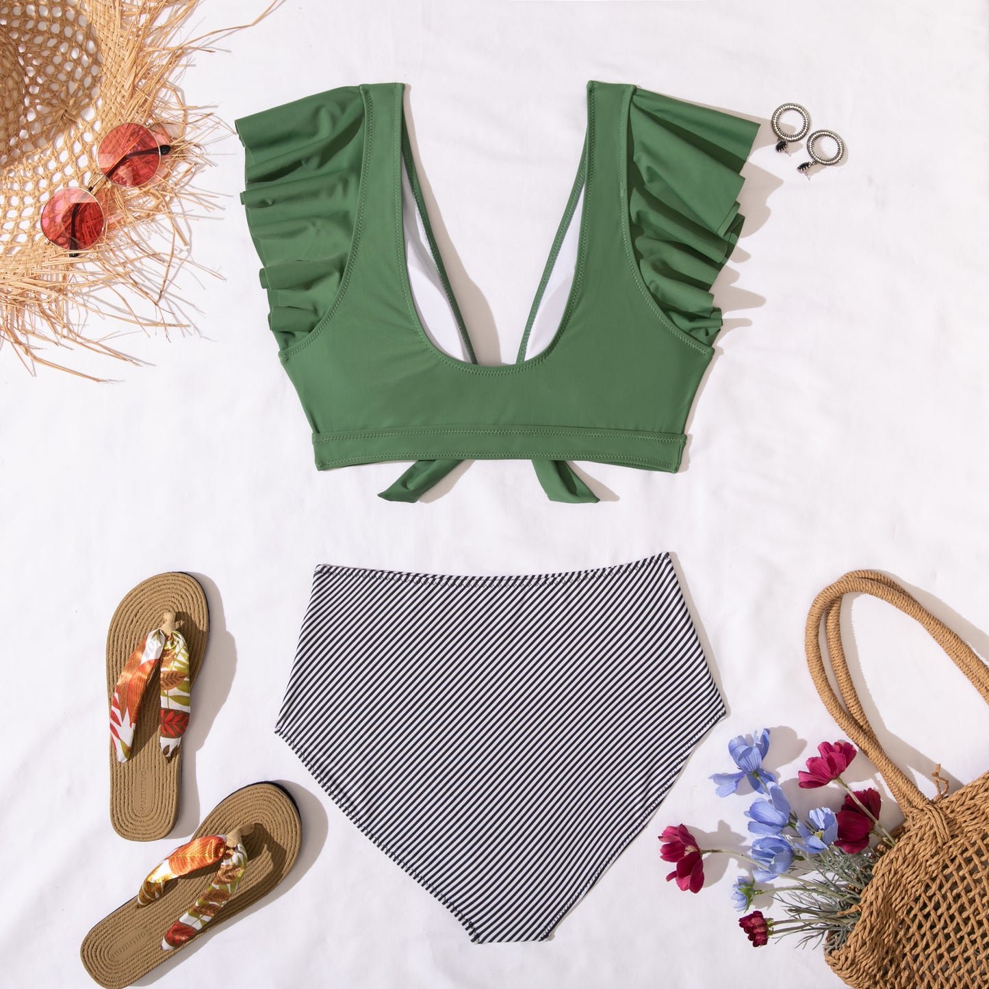 Women Cute Ruffle Deep V Neck Bikini Sets