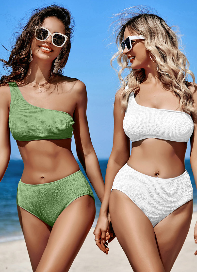 One Shoulder Ribbed Bikini Sets