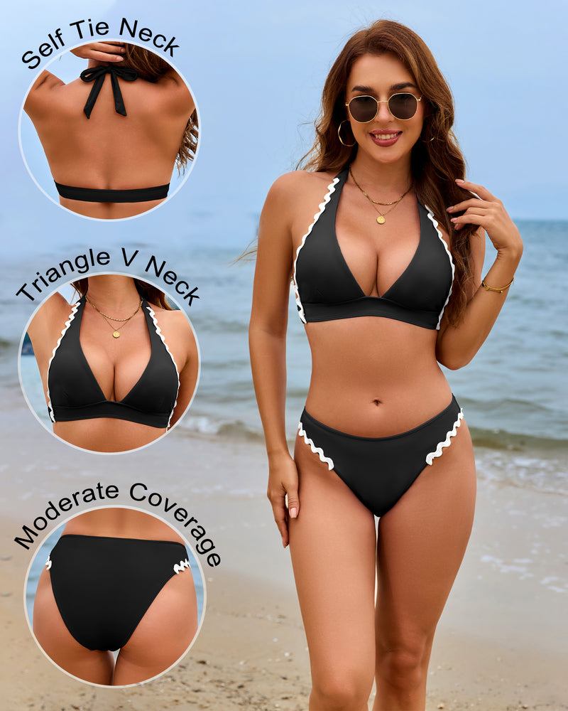 Jolefille Triangle Halter Bikini Set 2 Piece Bathing Suit Color Block Swimsuit