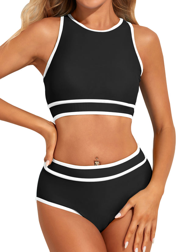 Sporty High Waisted Swimsuits Color Block