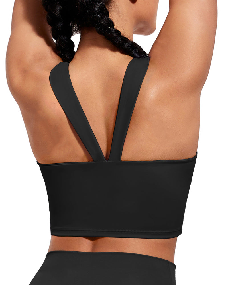 Longline Sports Bra V-Back Built in Bra Support Athletic Yoga Crop Tops Square Neck Workout Tank Top