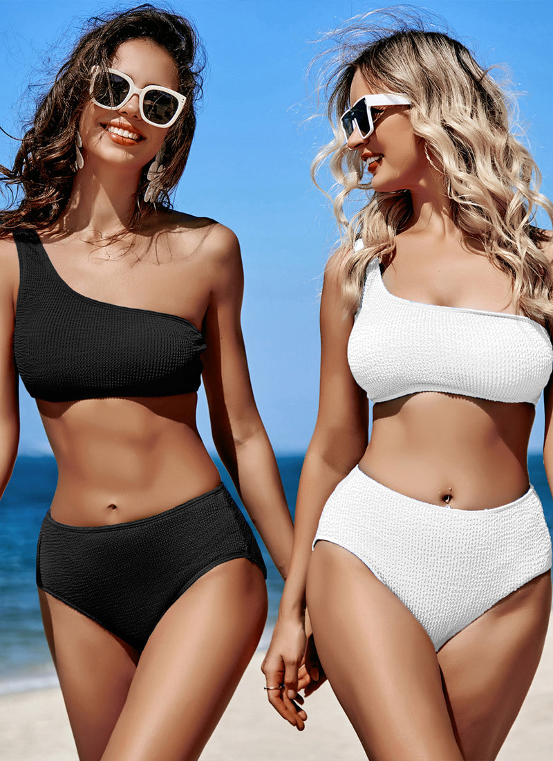 One Shoulder Ribbed Bikini Sets