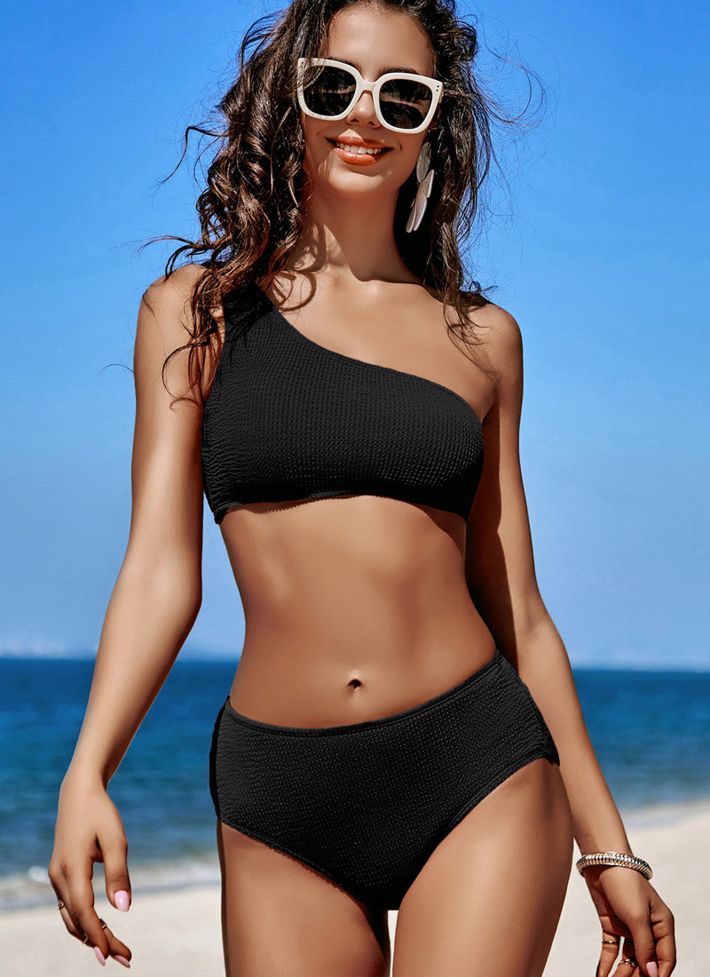 One Shoulder Ribbed Bikini Sets