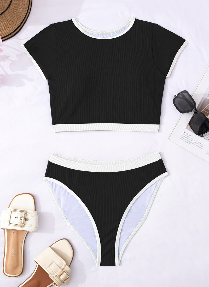 High Neck Swimsuit Color Block Bikini Sets