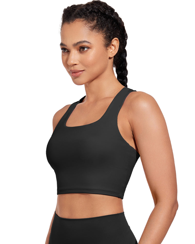 Longline Sports Bra V-Back Built in Bra Support Athletic Yoga Crop Tops Square Neck Workout Tank Top