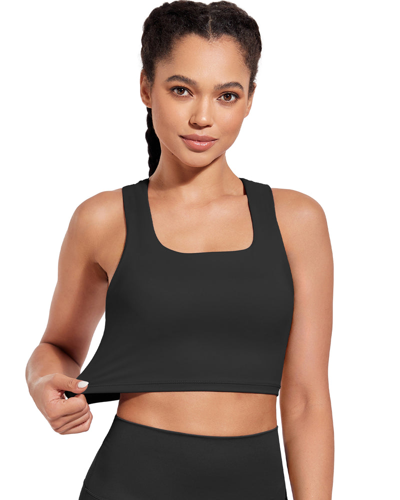 Longline Sports Bra V-Back Built in Bra Support Athletic Yoga Crop Tops Square Neck Workout Tank Top