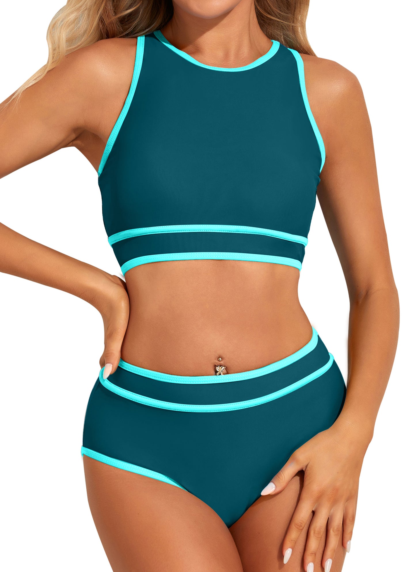 Sporty High Waisted Swimsuits Color Block