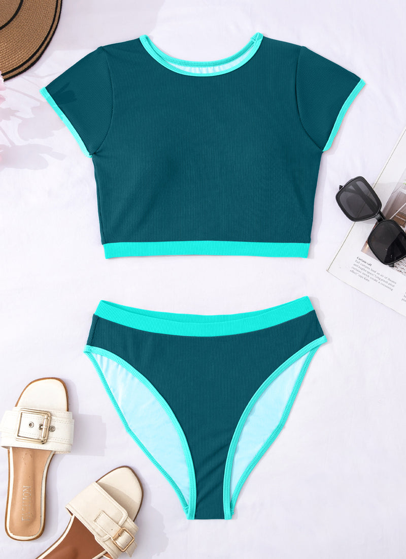 High Neck Swimsuit Color Block Bikini Sets