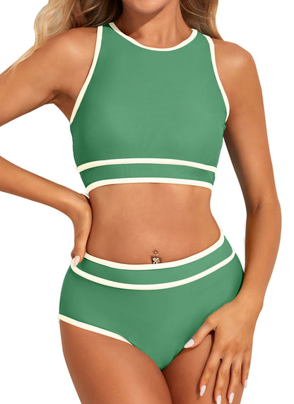 Sporty High Waisted Swimsuits Color Block