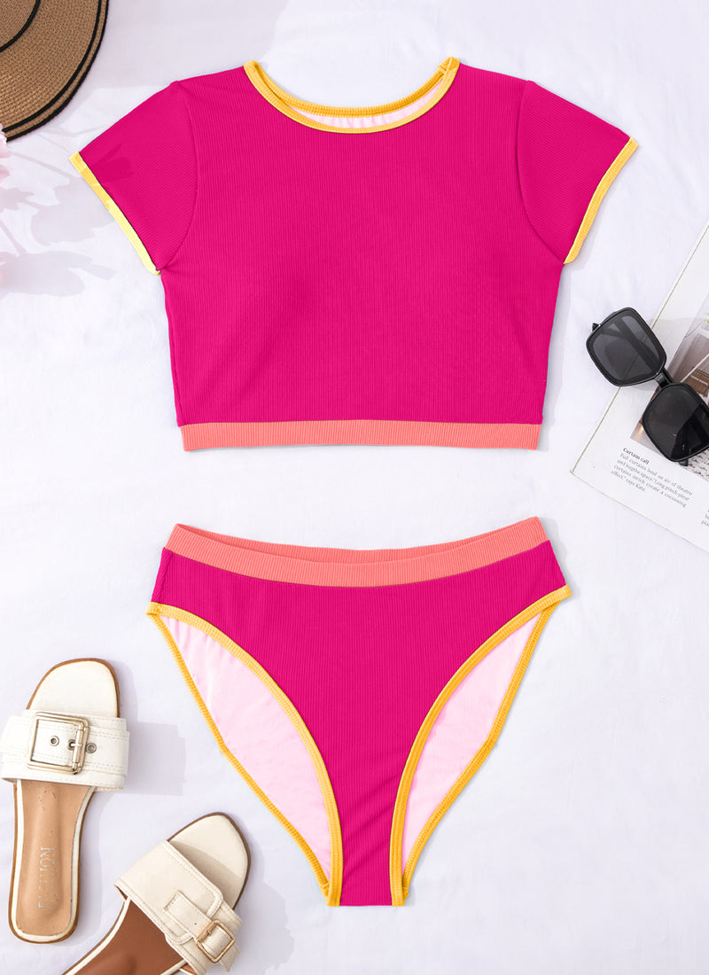 High Neck Swimsuit Color Block Bikini Sets