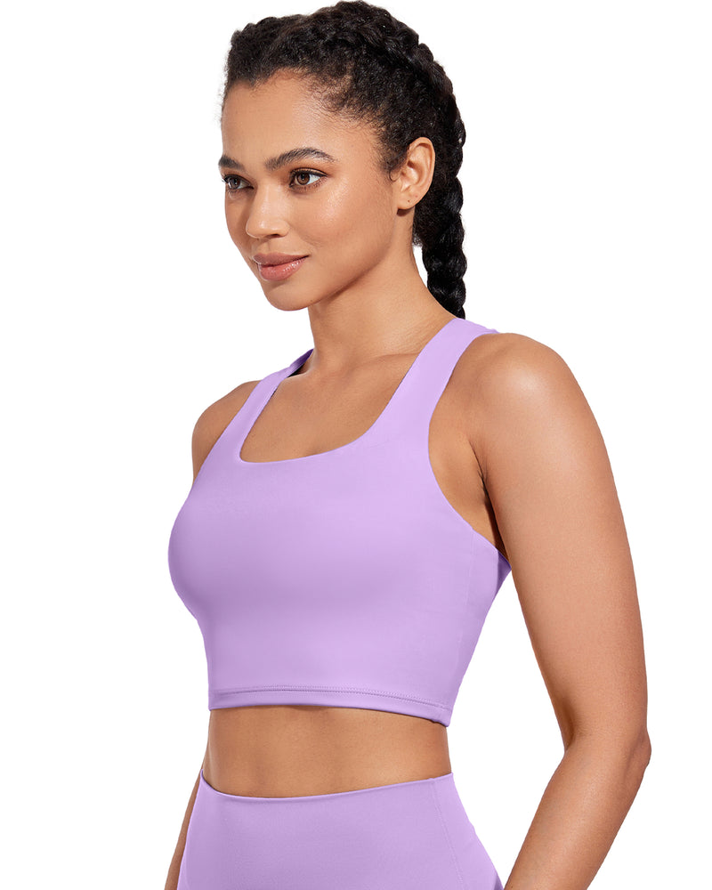 Longline Sports Bra V-Back Built in Bra Support Athletic Yoga Crop Tops Square Neck Workout Tank Top