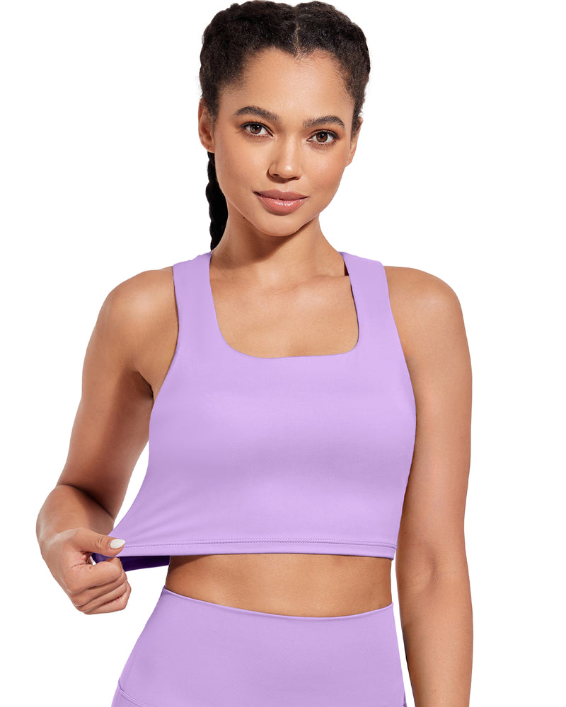 Longline Sports Bra V-Back Built in Bra Support Athletic Yoga Crop Tops Square Neck Workout Tank Top