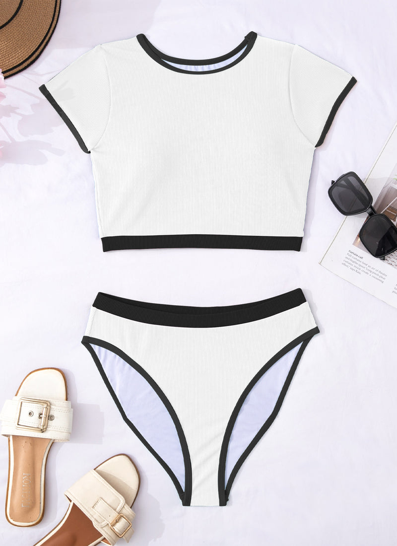 High Neck Swimsuit Color Block Bikini Sets