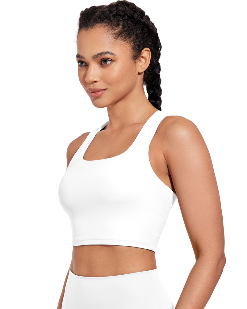 Longline Sports Bra V-Back Built in Bra Support Athletic Yoga Crop Tops Square Neck Workout Tank Top