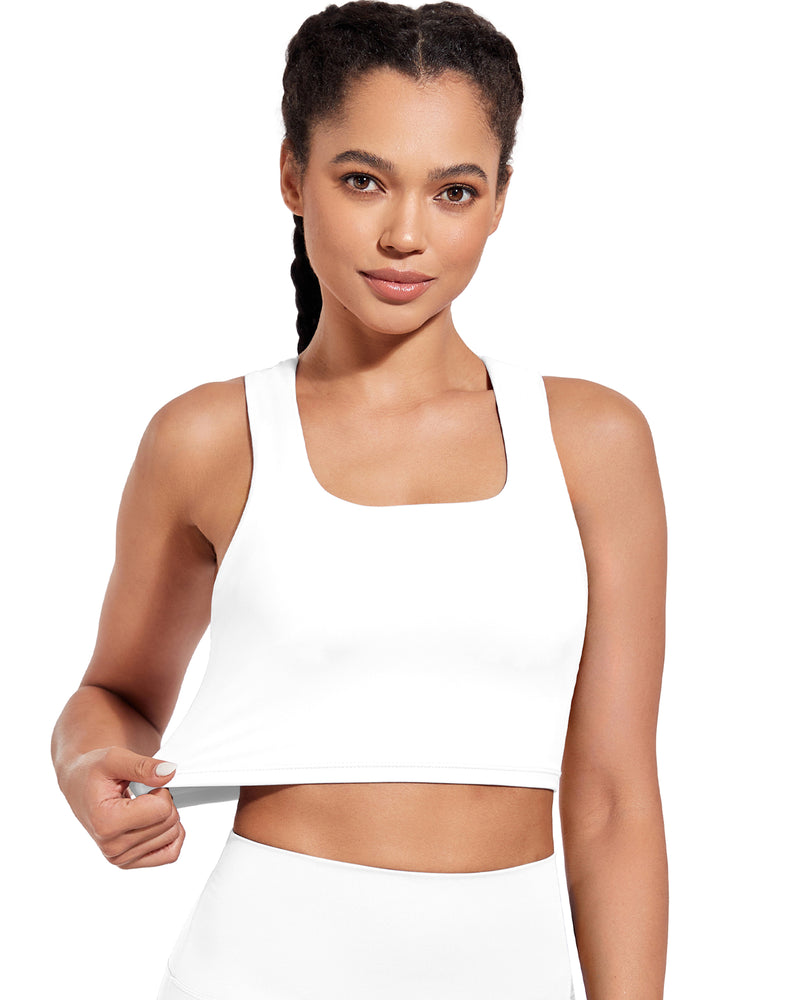 Longline Sports Bra V-Back Built in Bra Support Athletic Yoga Crop Tops Square Neck Workout Tank Top