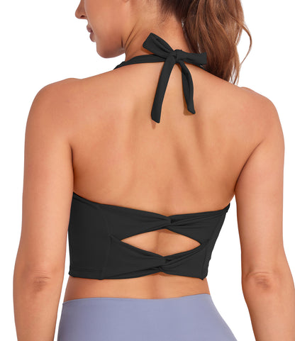 Women Solid Halter Open Back Sports Bra