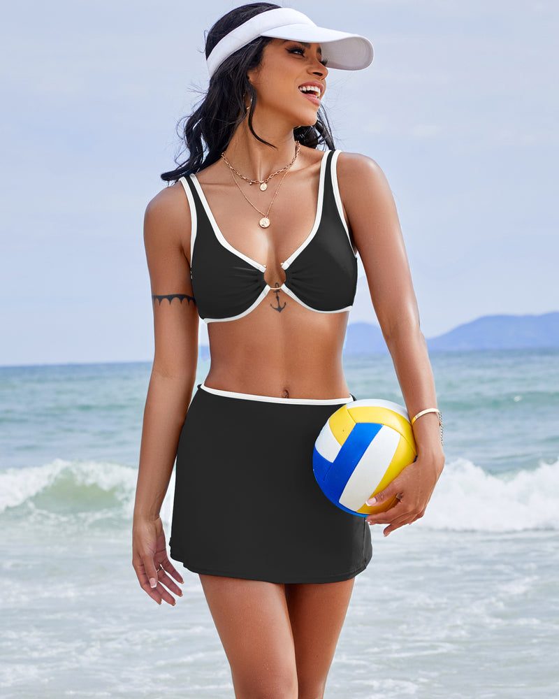 3 Piece Swimsuits Color Block Bikini Sets Cover Up Skirt