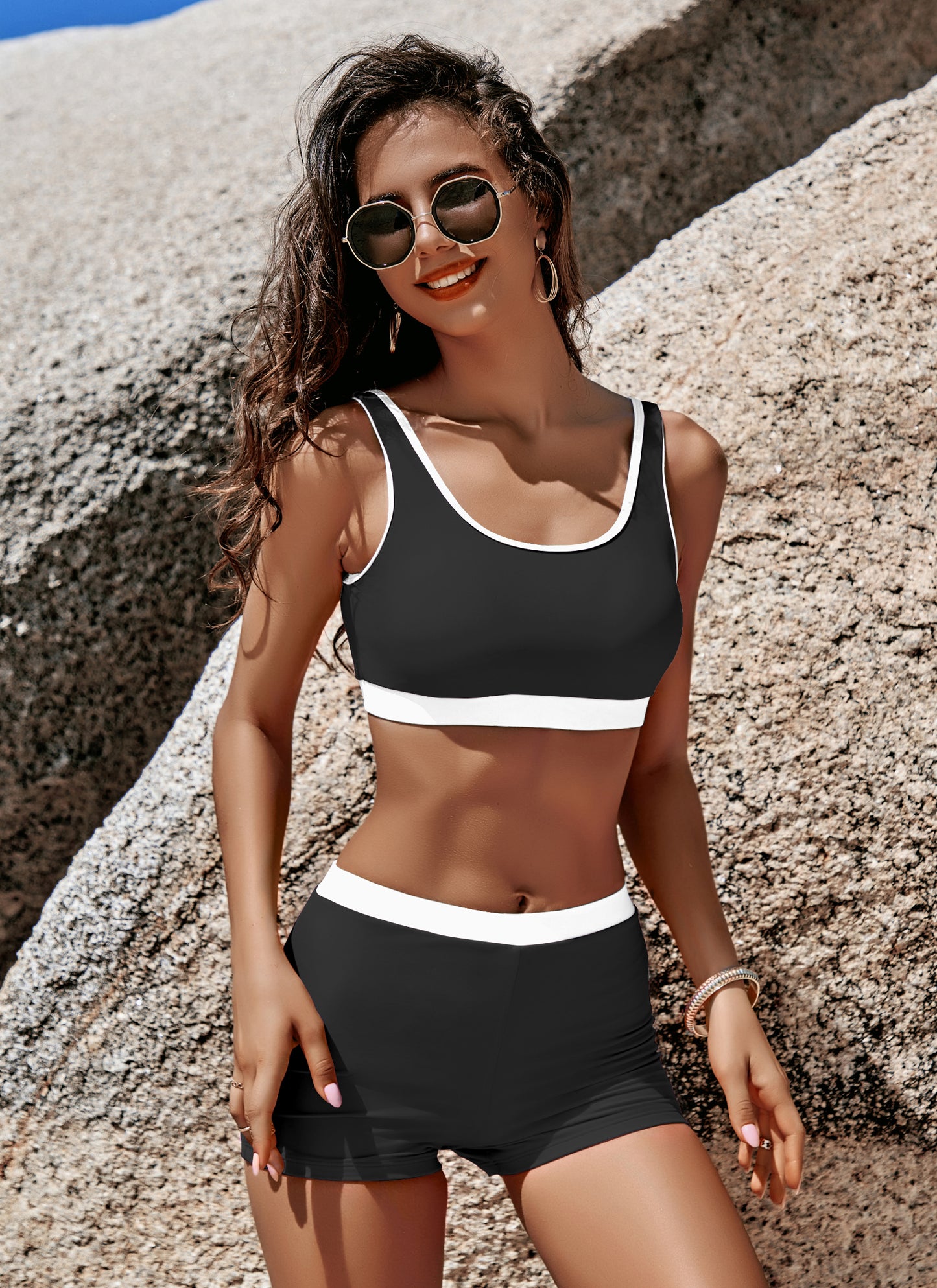 Sporty High Waisted Elastic Bathing Suit