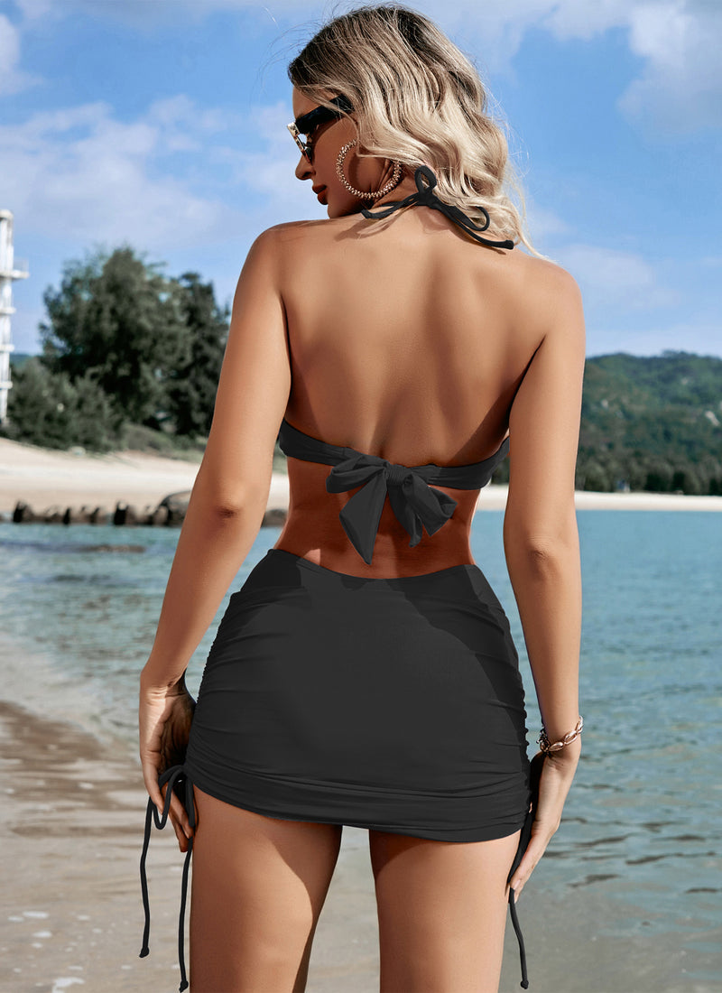 Drawstring High Waisted Swimsuit with Skirt