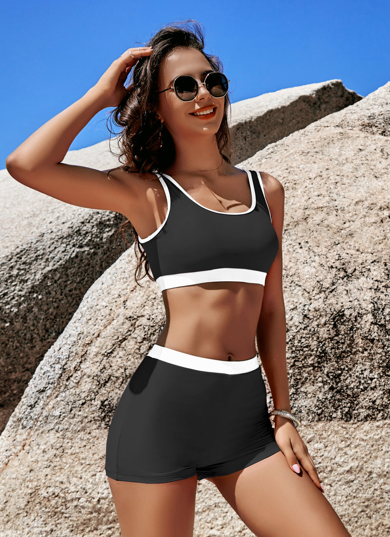 Sporty High Waisted Elastic Bathing Suit