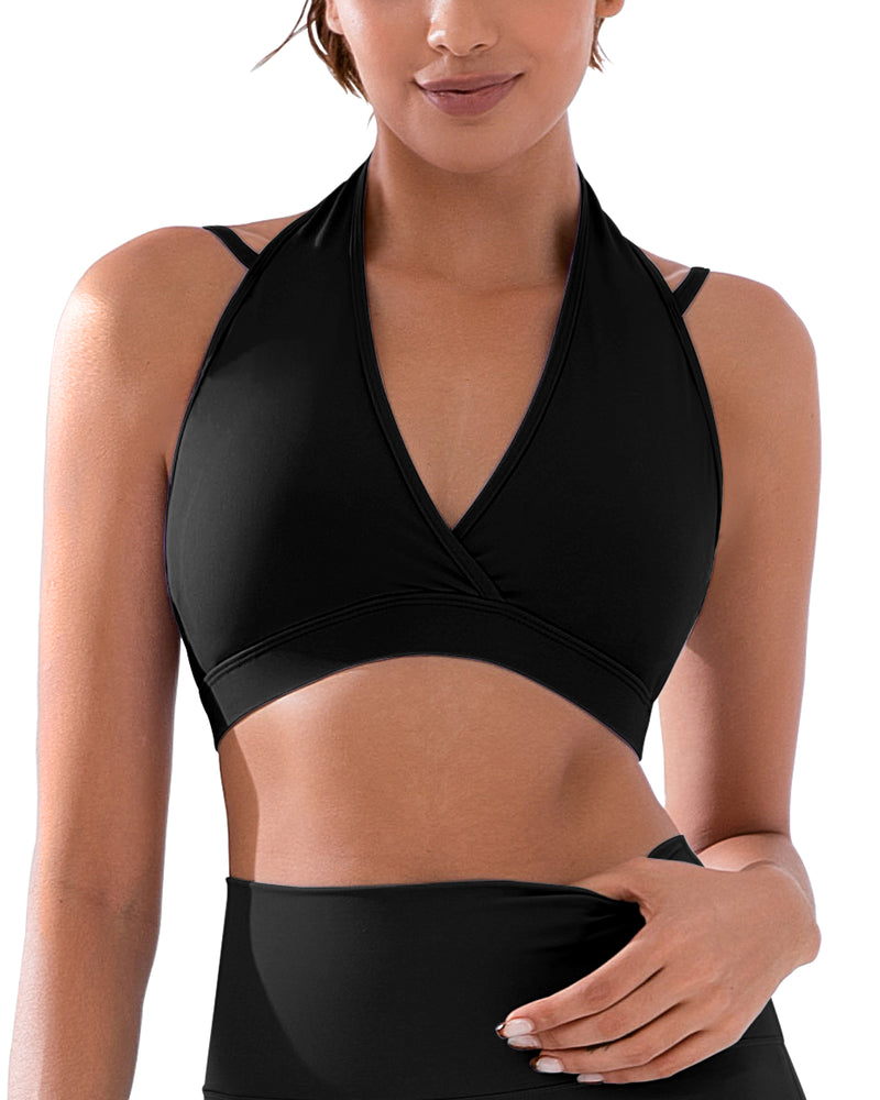 V Neck Halter Sports Bra with Adjustable Spaghetti Strap