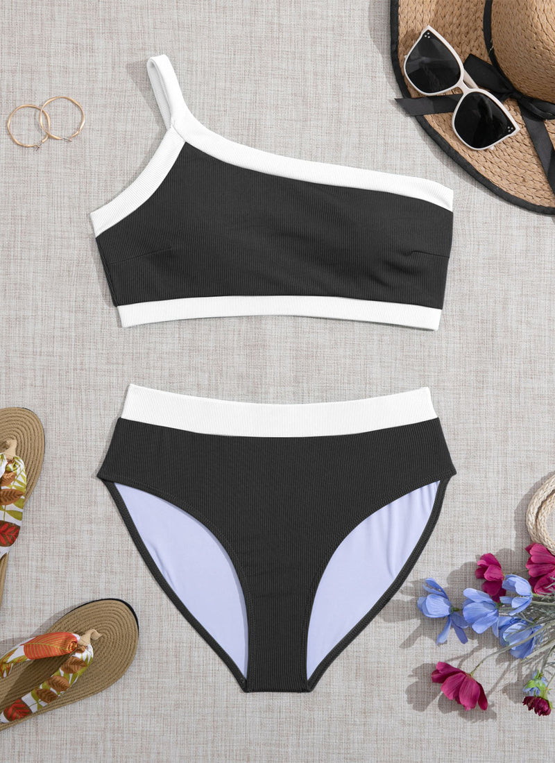 Ribbed One Shoulder Color Block Swimsuit