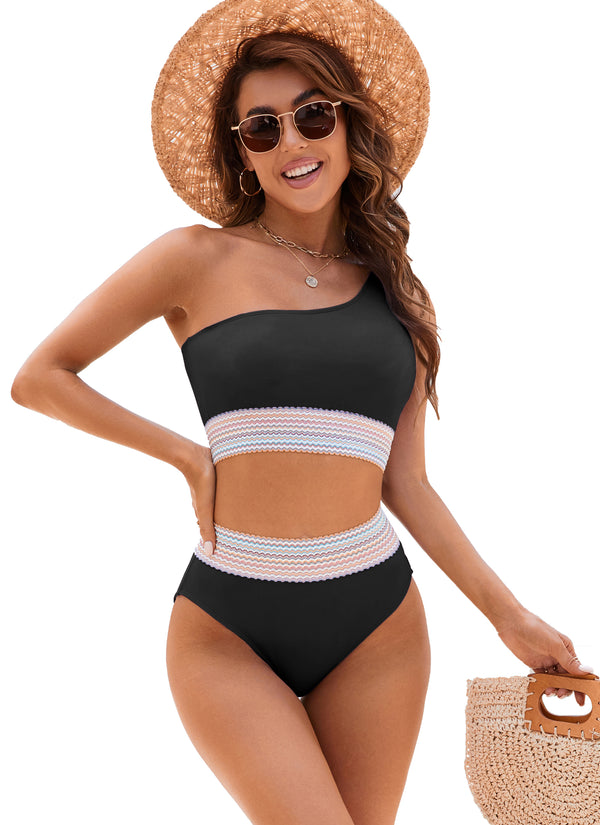 One Shoulder Swimsuits High Waisted Bikini Sets Tummy Control Bathing Suits