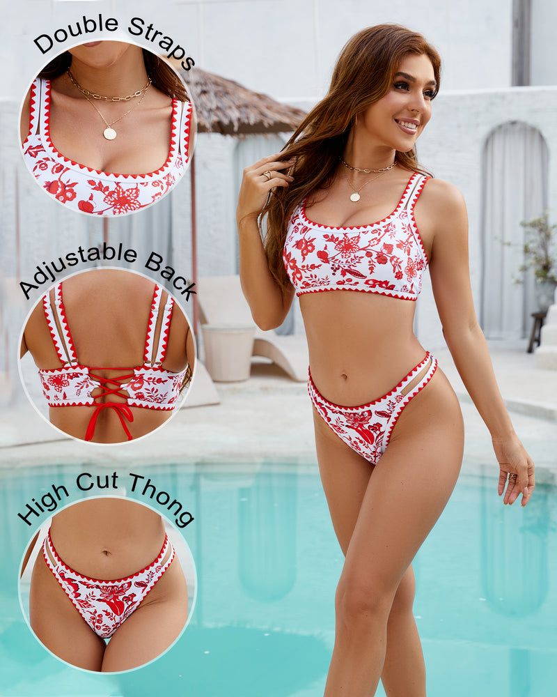 Jolefille Thong Bikini Sets for Women 2 Piece Boho Crop Swimsuit Top Floral Print Bathing Suits