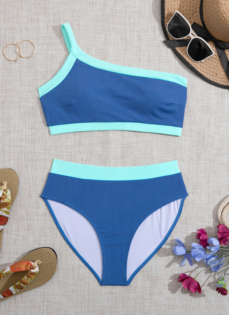 Ribbed One Shoulder Color Block Swimsuit