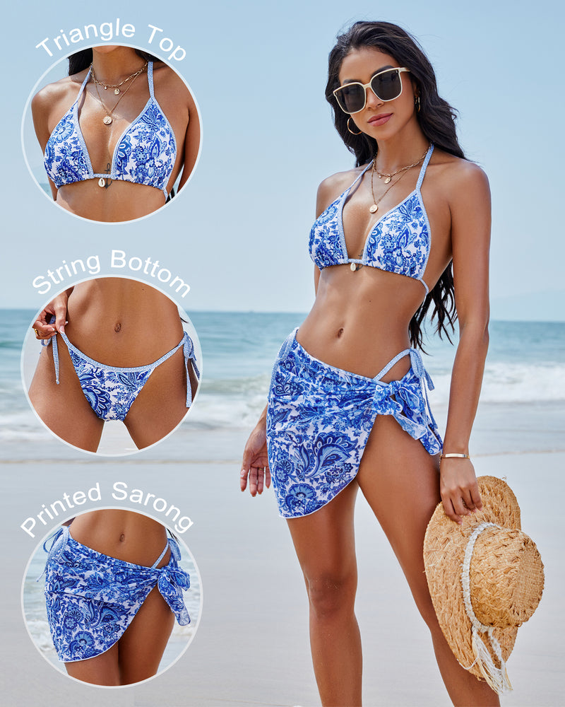 3 Piece Thong Bikini Set Bottom Halter Floral Print Cover up