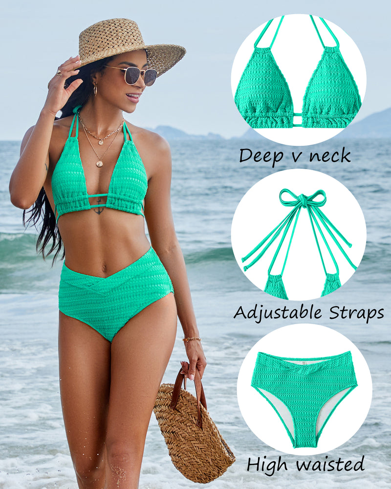 2 Piece High Waisted Swimsuits Sexy Halter V Neck Ribbed