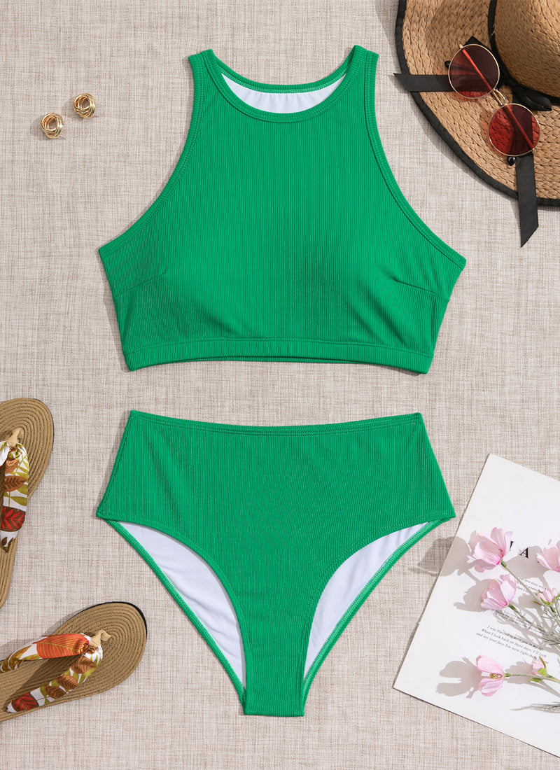 High Neck Ribbed Bikini Sets Sports RacerBack