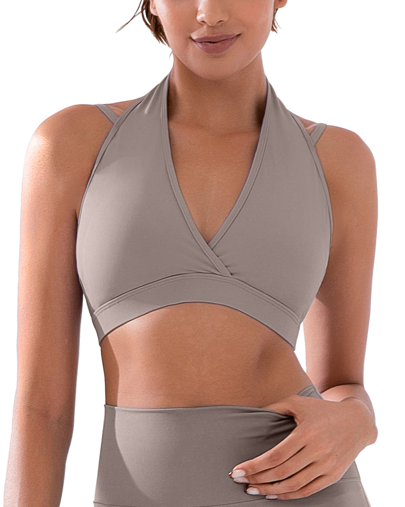 V Neck Halter Sports Bra with Adjustable Spaghetti Strap