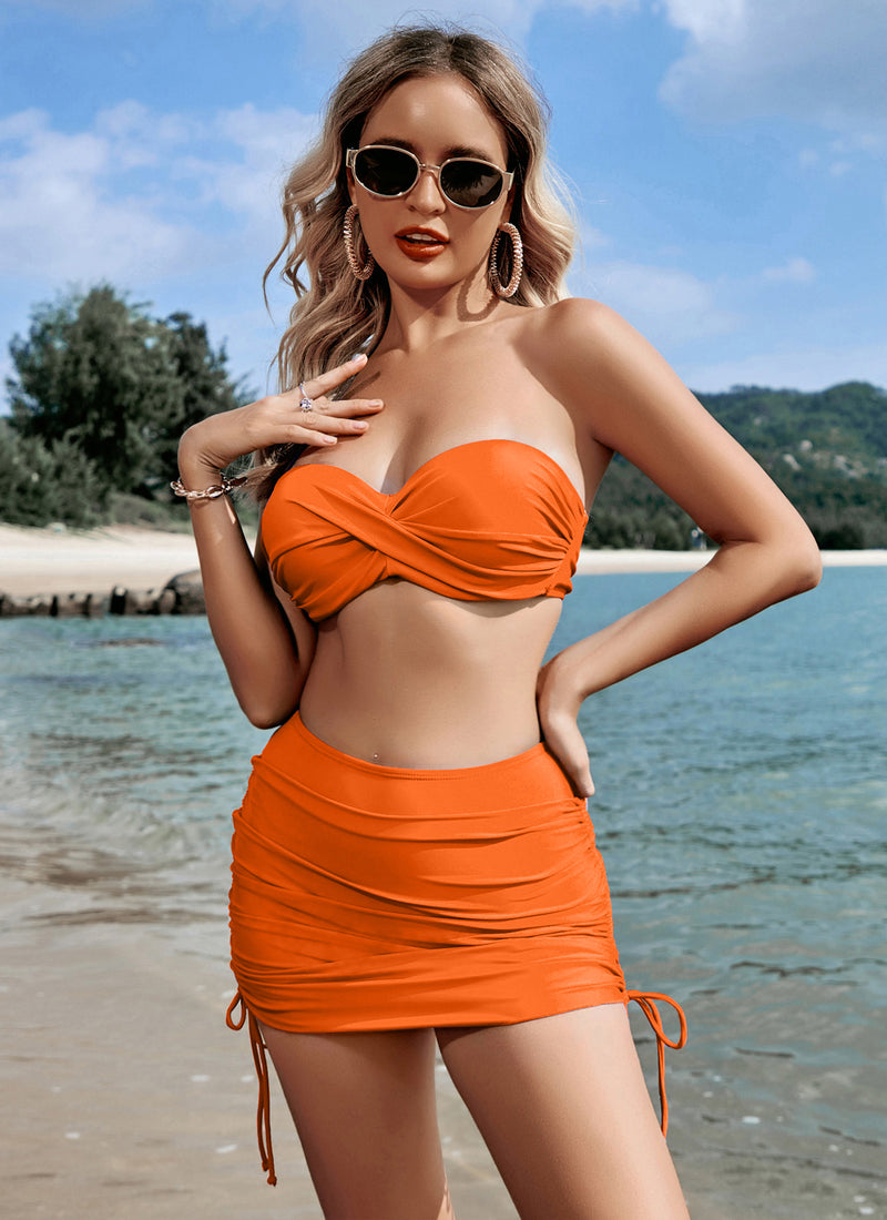 Drawstring High Waisted Swimsuit with Skirt