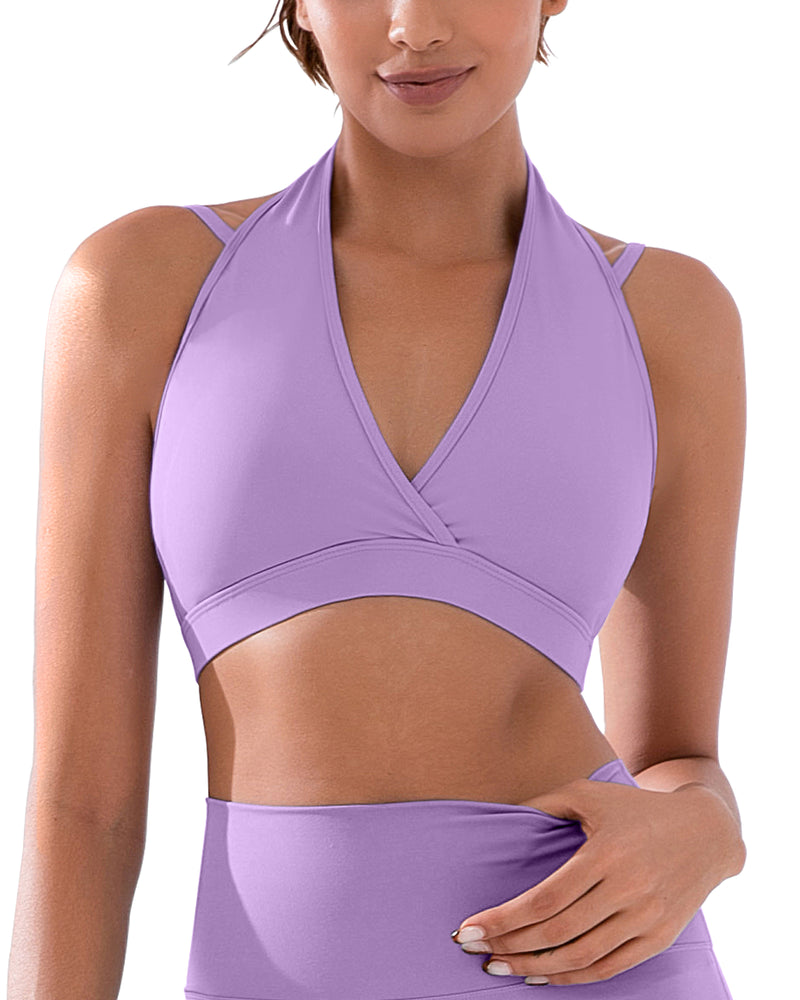 V Neck Halter Sports Bra with Adjustable Spaghetti Strap