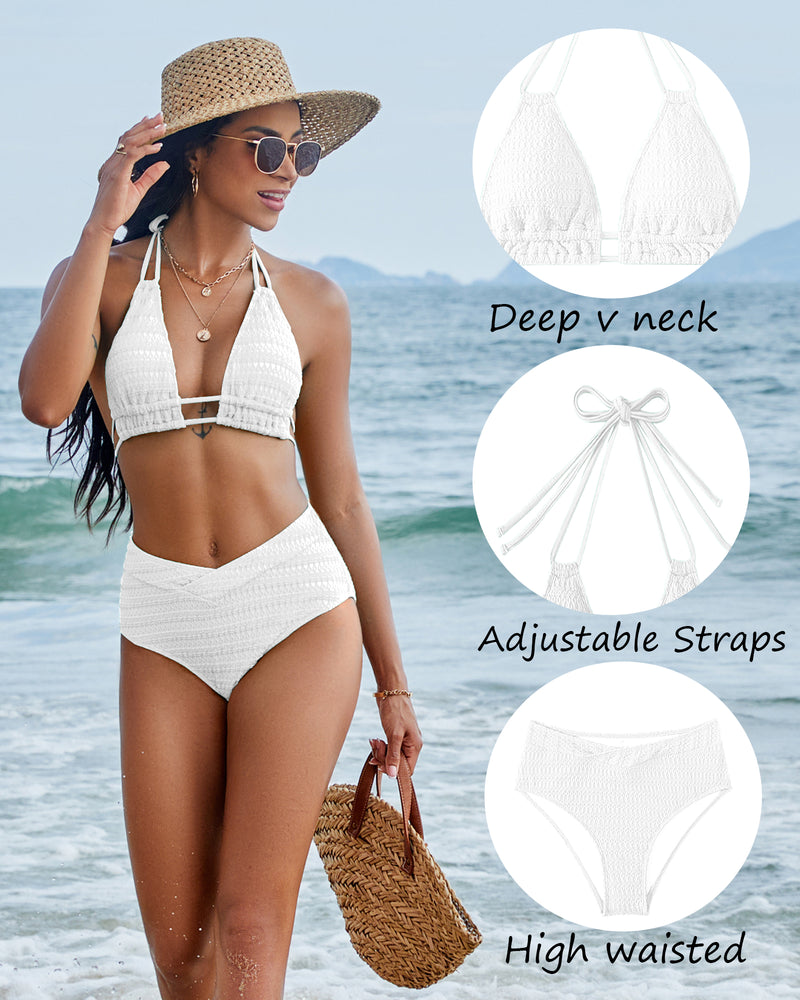 2 Piece High Waisted Swimsuits Sexy Halter V Neck Ribbed