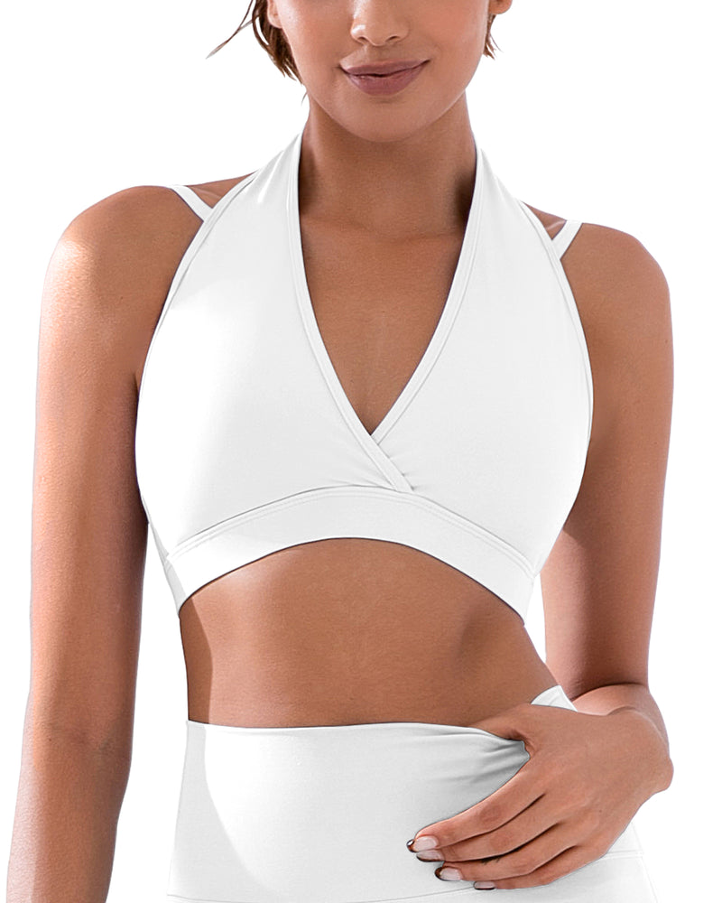 V Neck Halter Sports Bra with Adjustable Spaghetti Strap