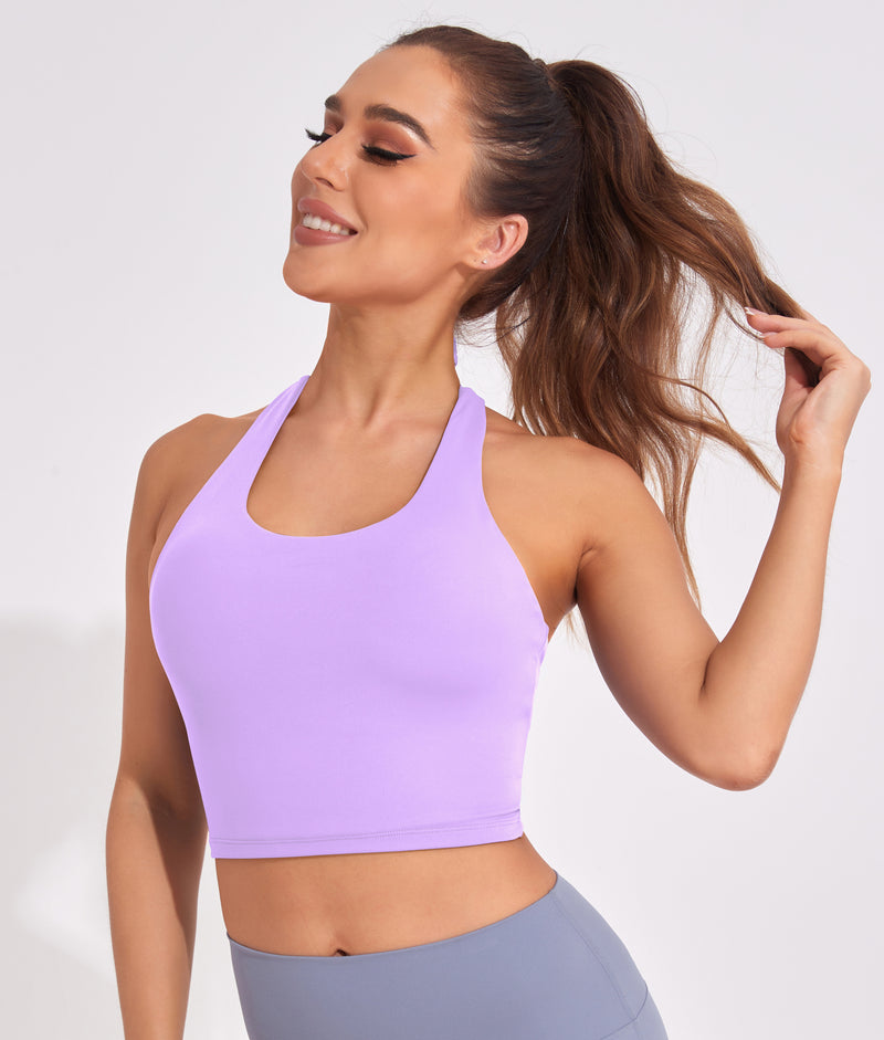 Women Solid Halter Open Back Sports Bra